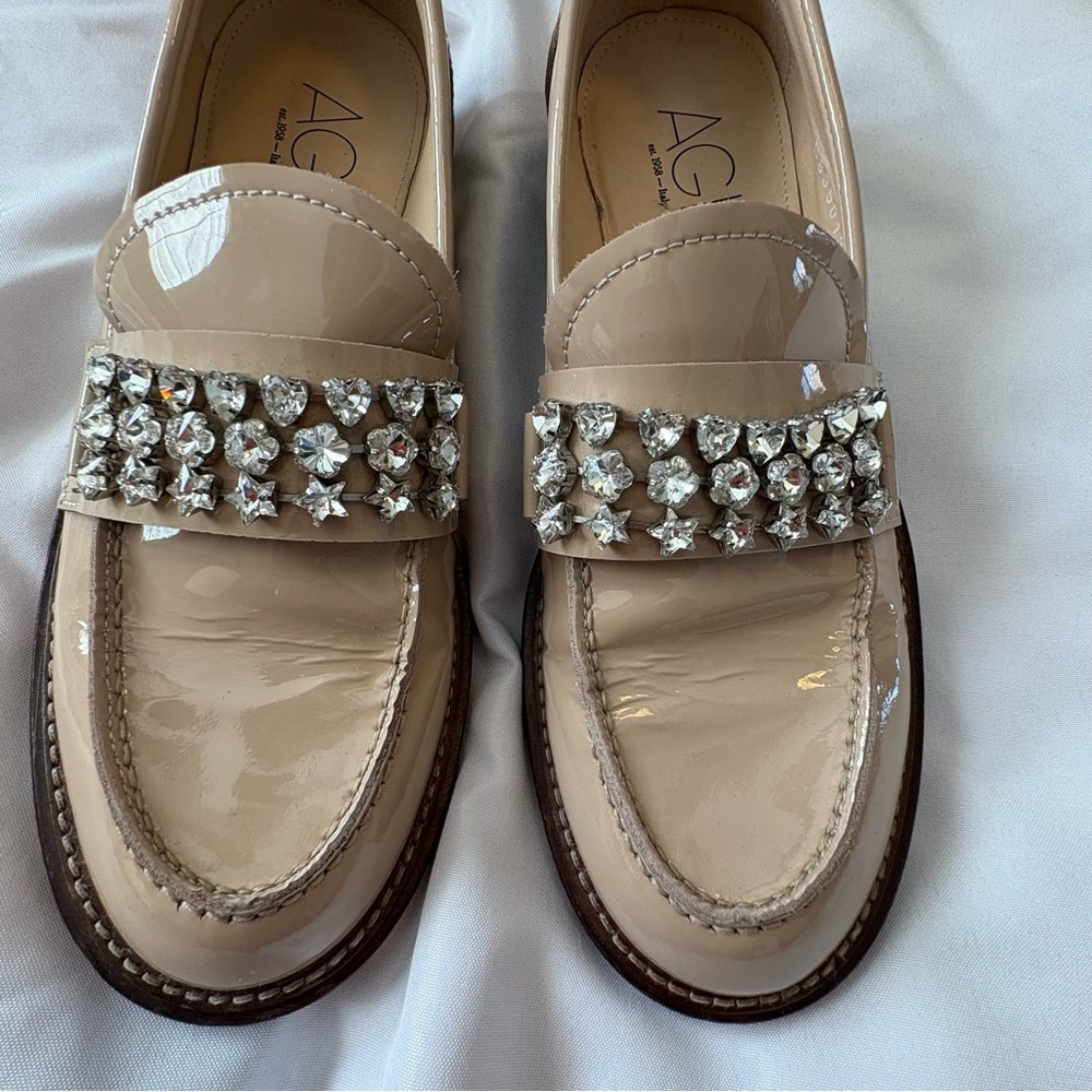 AGL Italian Lola Strass Mixed Crystal Loafers Size 39 Rhinestone Trim Beige Nude - Picture 9 of 13